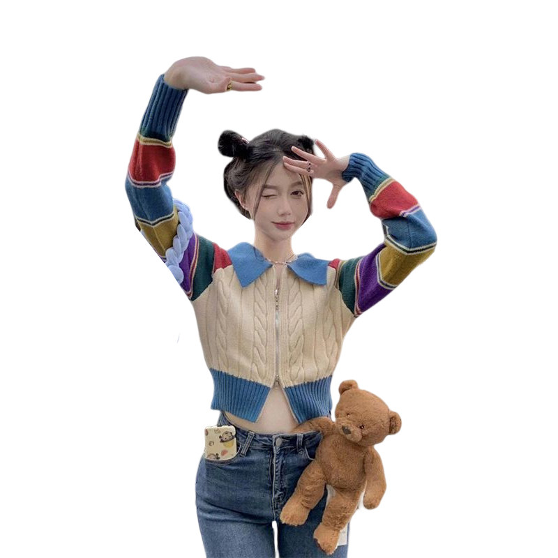 RETRO CONTRAST COLOR RAINBOW STRIPED RAGLAN SLEEVE KNITTED SWEATER WOMENS AUTUMN SLIM FIT SLIM SHORT ZIPPER CARDIGAN TOP