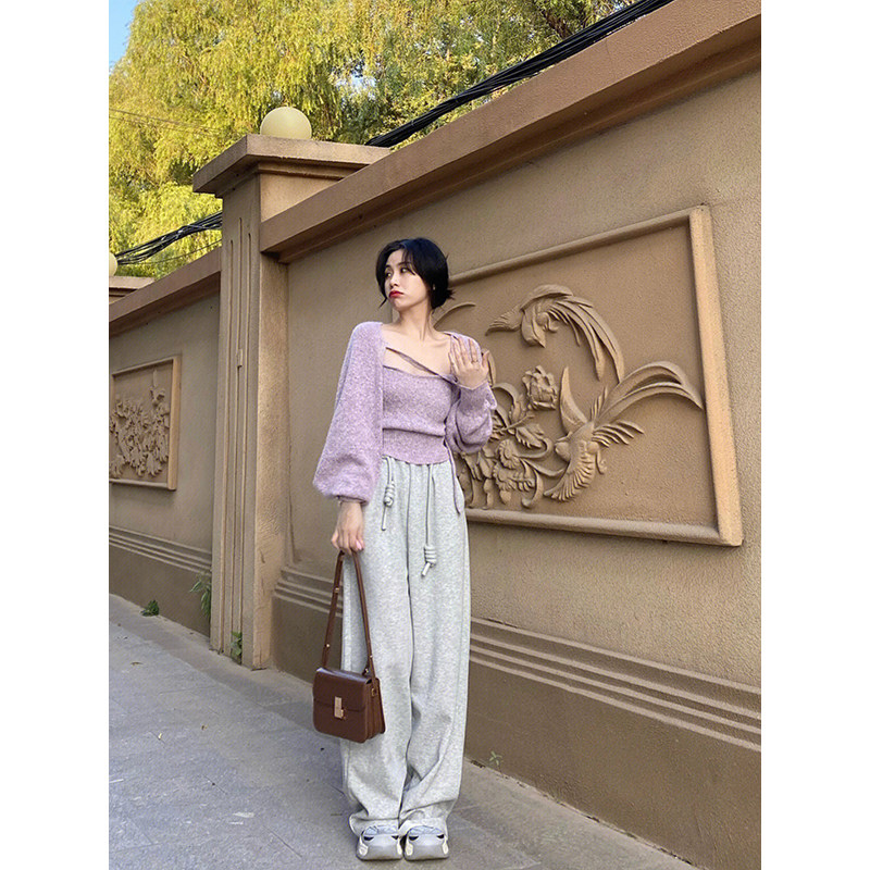 KOREAN VERSION OF FASHIONABLE CASUAL SOFT AND GLUTINOUS SHORT LONG-SLEEVED BLOUSE WOMENS AUTUMN SLIM THIN FOREIGN VERSATILE SUSPENDER TWO-PIECE SET