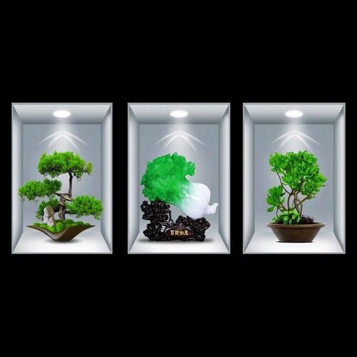 新款3D立体效果盆栽贴画客厅三联装饰画出租屋过道楼梯墙面自粘画