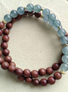 2026新中式天然石蓝色金丝檀木串珠手链女双圈手链民族风手串送闺