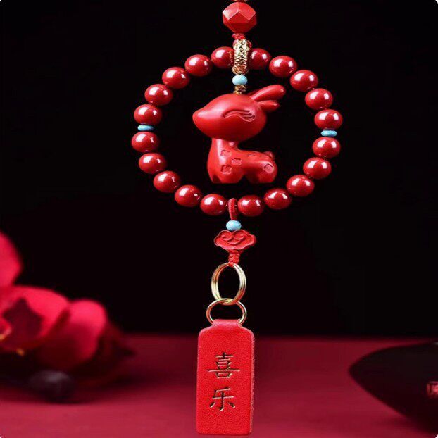 2026朱砂汽车挂饰红纱小鹿车用挂件吊坠车内后视镜保平安饰品女礼