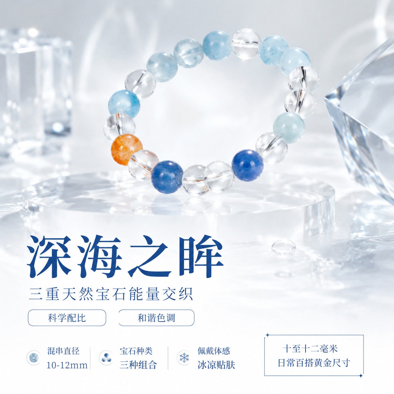 2026晶东珠7A天然白水晶海蓝手链女时尚轻奢级感蓝晶石手链