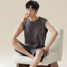 夏季男士睡衣背心短裤无袖套装大码莫代尔中青年可外穿爸爸家居服