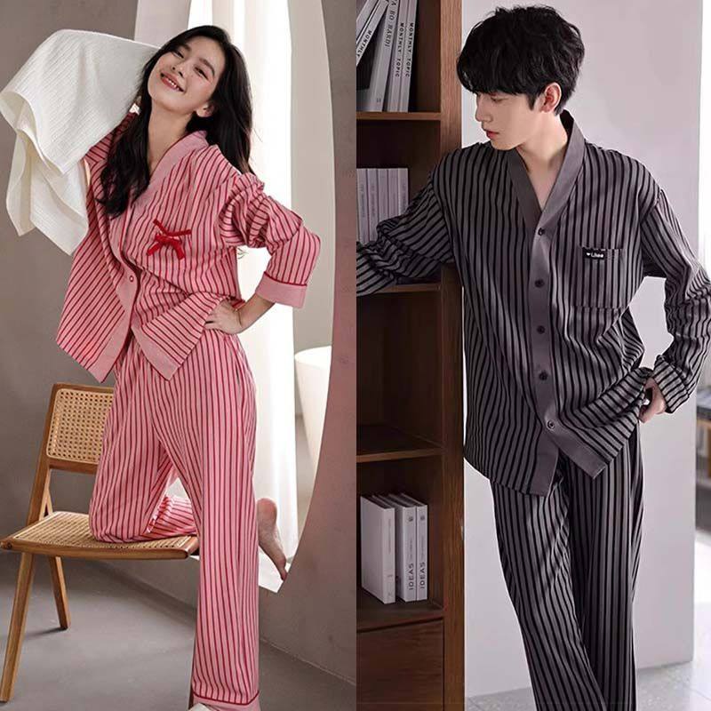 带胸垫情侣睡衣女春秋季男士纯棉长袖长裤套装高档条纹ins家居服