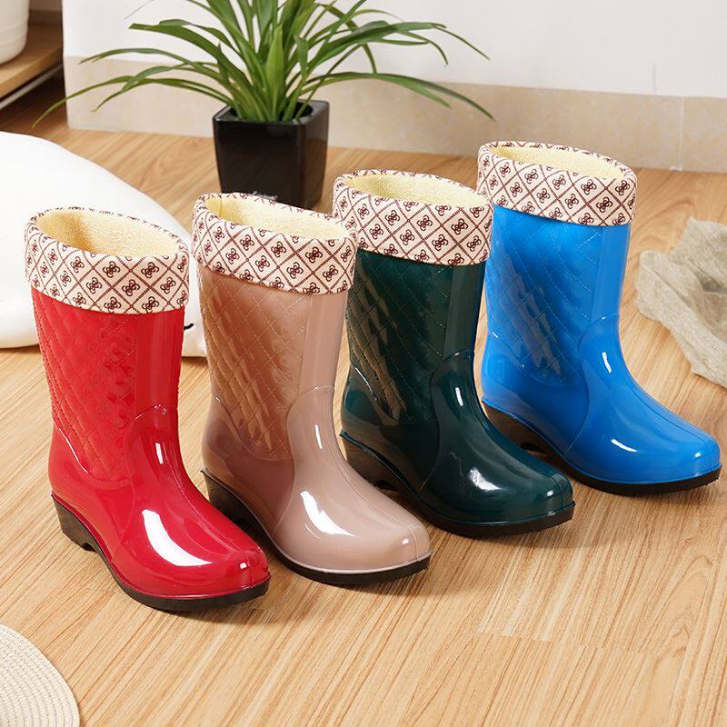 2024 NEW RAIN BOOTS WOMENS MEDIUM TUBE WARM AUTUMN AND WINTER RAIN BOOTS ANTI-SLIP WATER SHOES HIGH RUBBER SHOES ADULT FLEECE WATER BOOTS