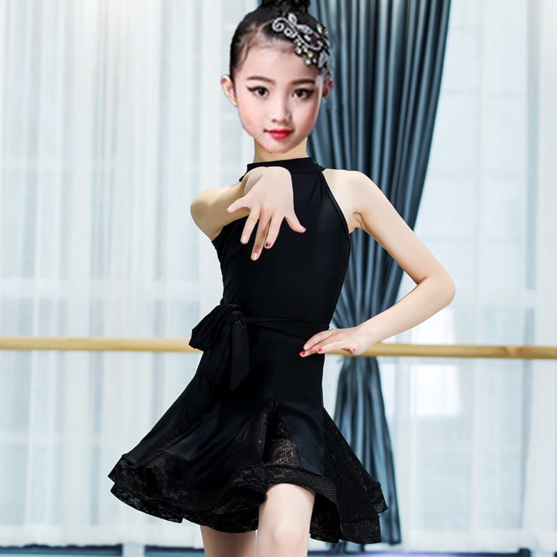 儿童拉丁舞裙夏黑色女孩练功舞蹈服装标准专业考级少儿演出比赛服