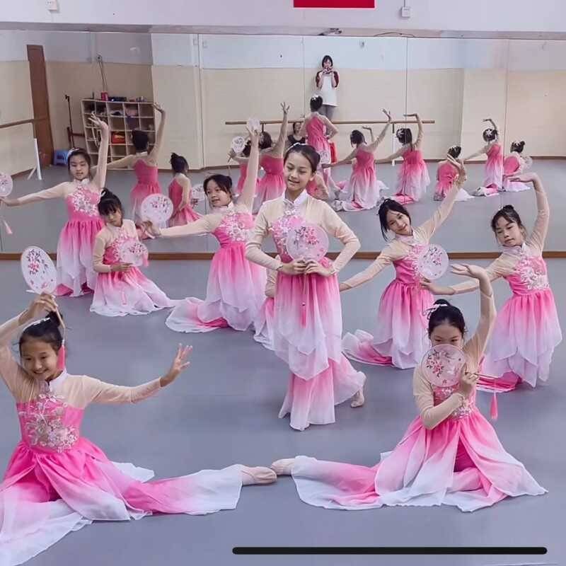 雨中花舞蹈服女童古典舞飘逸玫红色扇子团体舞服装落花舞演出服装