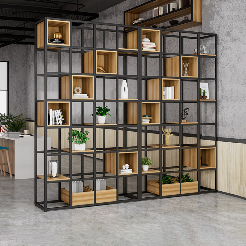美式铁艺落地屏风隔断客厅架子实木书架现代简约展示架玄关置物架