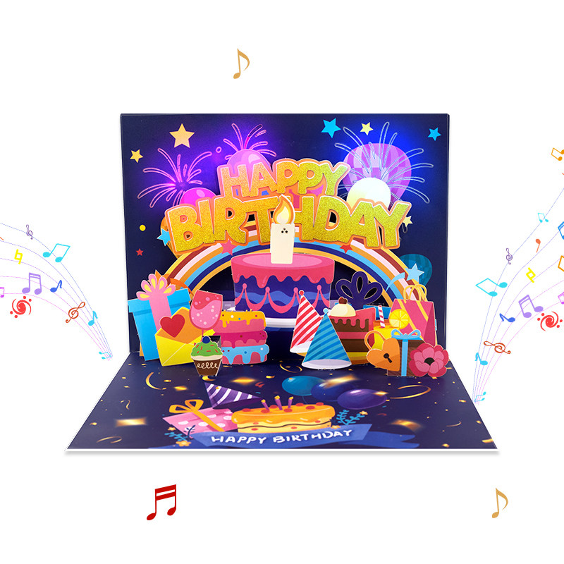 3D立体生日蛋糕贺卡可吹蜡烛音乐卡折叠式庆祝卡片创意男孩女孩
