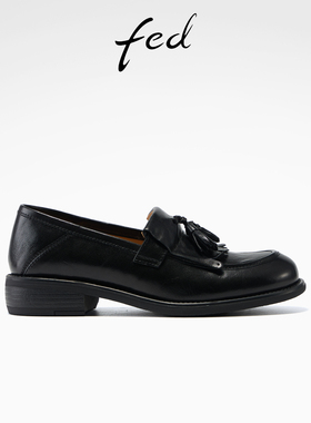 fed墨影垂痕乐福鞋女春季新款女鞋低跟流苏单鞋黑色小皮鞋女ZC118