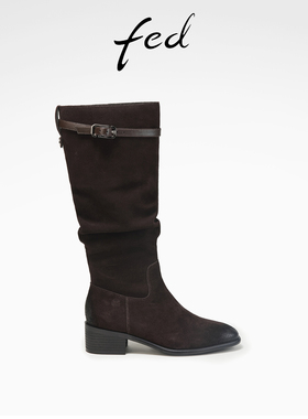 fed粗跟堆堆靴冬季新款女靴复古堆堆靴西部牛仔靴女D1004-ZCA920