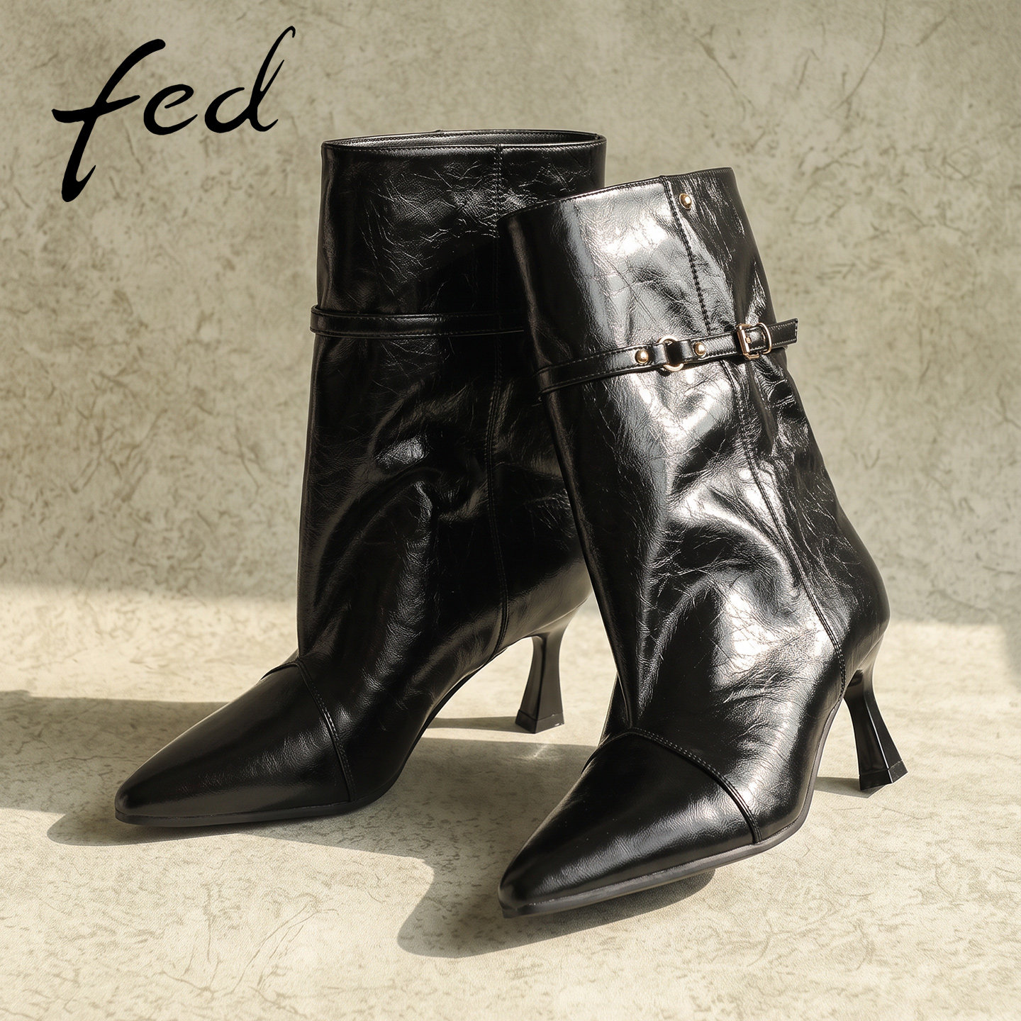 fed黑色真皮高跟中筒靴女尖头