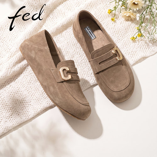 fed卡其金属扣乐福鞋女磨砂真皮