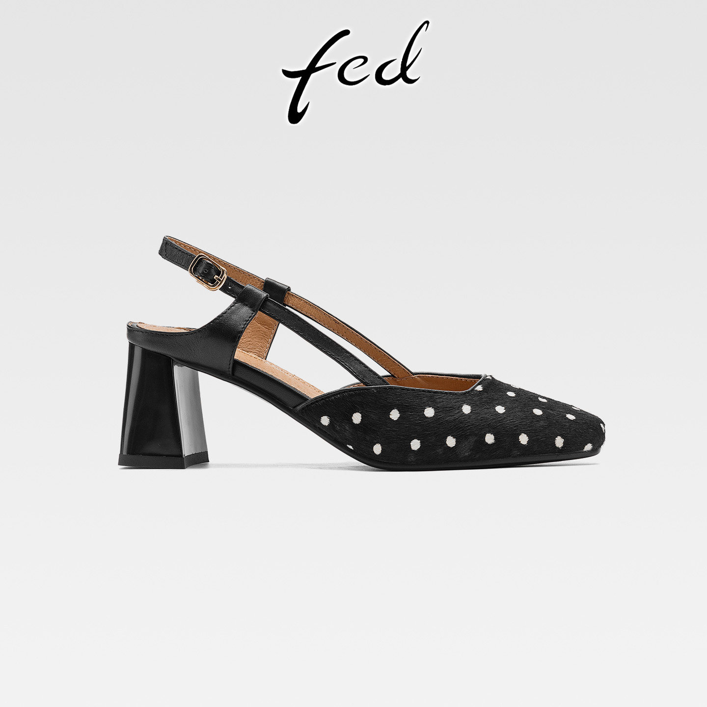 fed波点马毛粗跟包头拖鞋女夏季新款时尚外穿高跟方头后空女鞋子