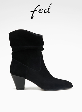 fed粗跟时装靴冬季新款女靴黑色绒面堆堆靴气质短靴女D0926-YA677