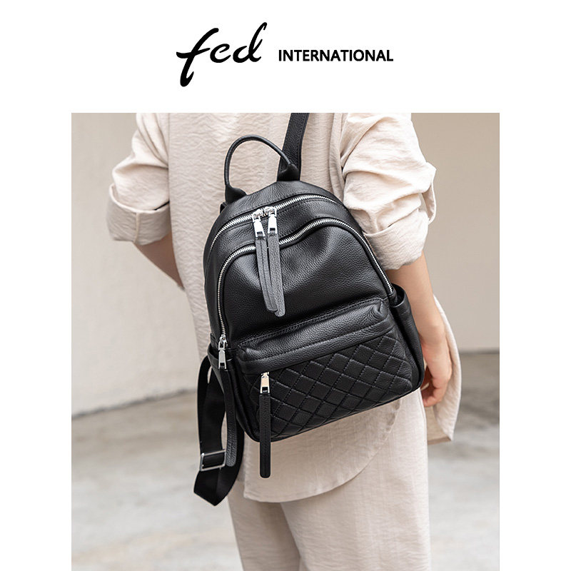 fed真皮大容量通勤出游双肩包