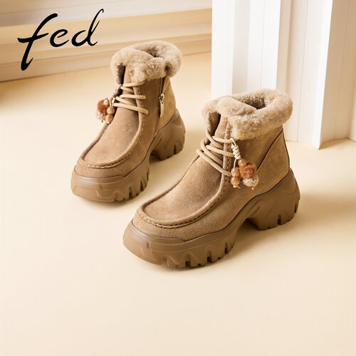 fed深棕磨砂真皮雪地靴女厚底