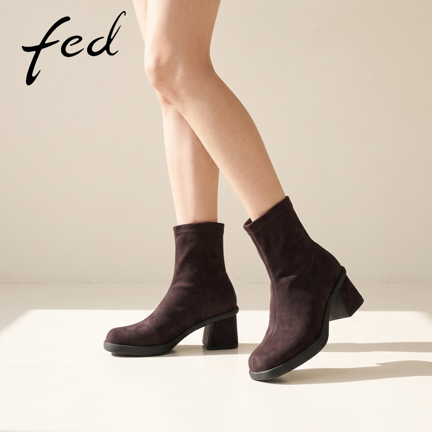 fed粗跟弹力靴女中筒秋季女靴