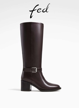 fed酒红色长筒靴秋季新款女靴尖头时装靴牛皮骑士靴D0914-YAB290