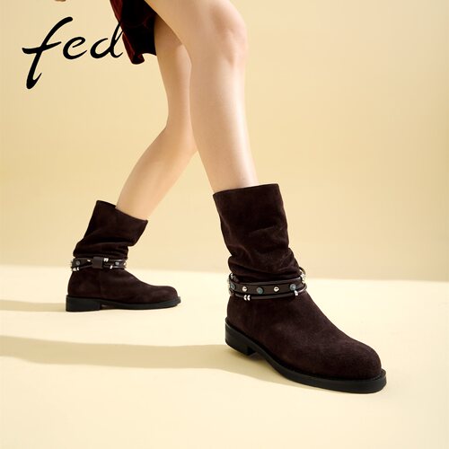 fed绒面骑士靴中筒靴女款秋冬