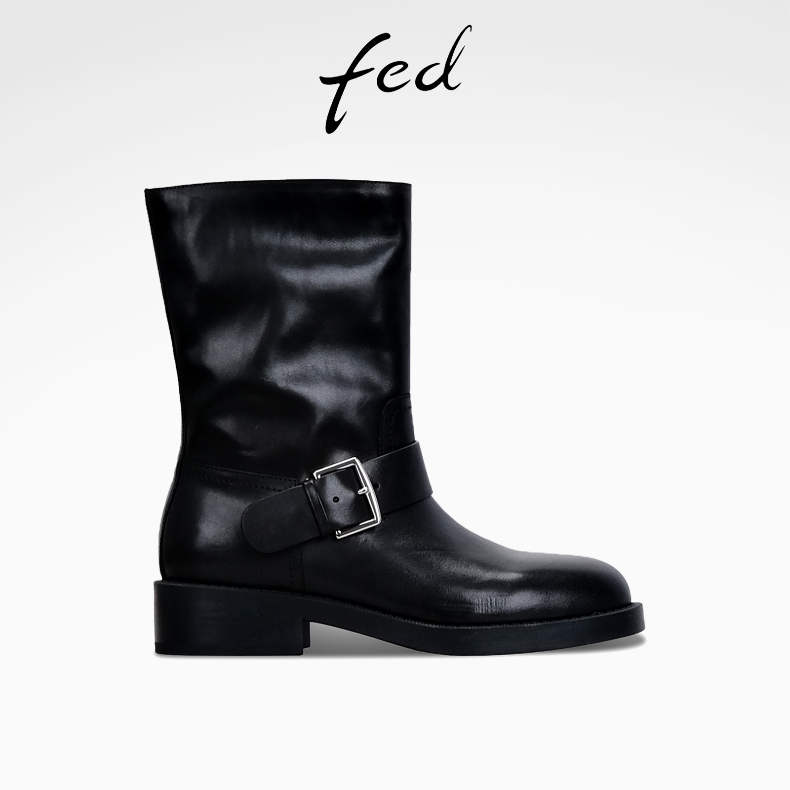 fed真皮短靴冬季新款女靴皮带扣时装靴粗跟骑士靴女S1209-DD0263