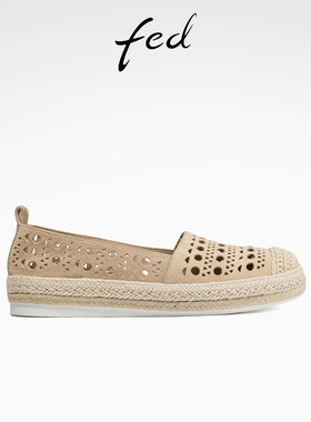 fed麻边渔夫鞋秋季新款女鞋镂空平底鞋真皮单鞋女款S0617-YAB637