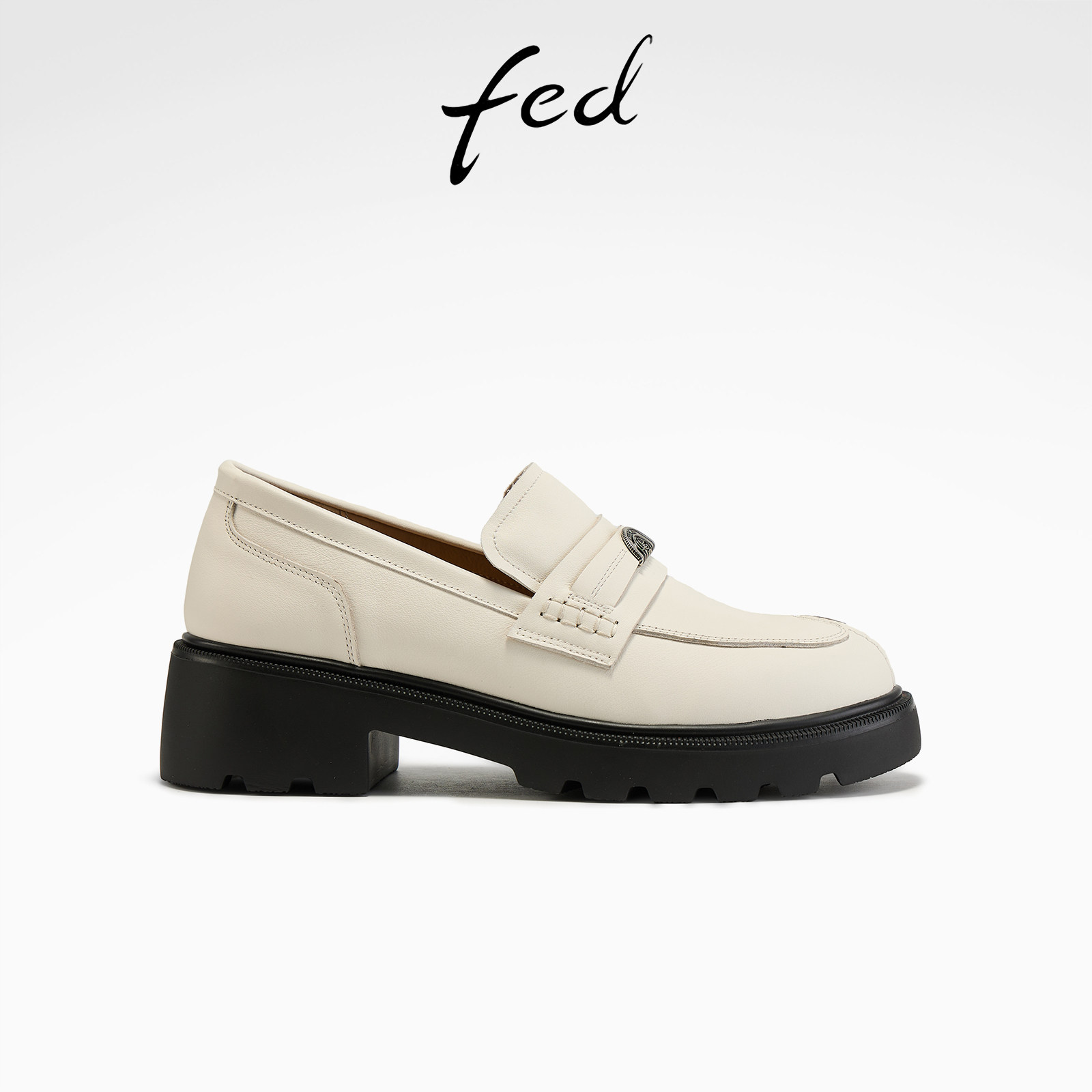 fed素履本真单鞋春季新款女鞋白色乐福鞋厚底法式小皮鞋女YAB136