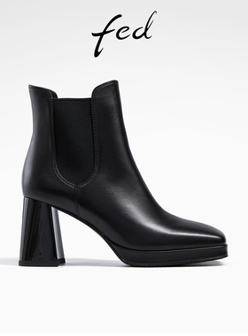 fed粗跟时装靴冬季新款靴子黑色小短靴厚底瘦瘦靴女款R0927-YA381