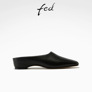 墨匣方履凉拖方头低跟包头拖鞋 fed黑色穆勒鞋 女鞋 新款 女YA613 春季