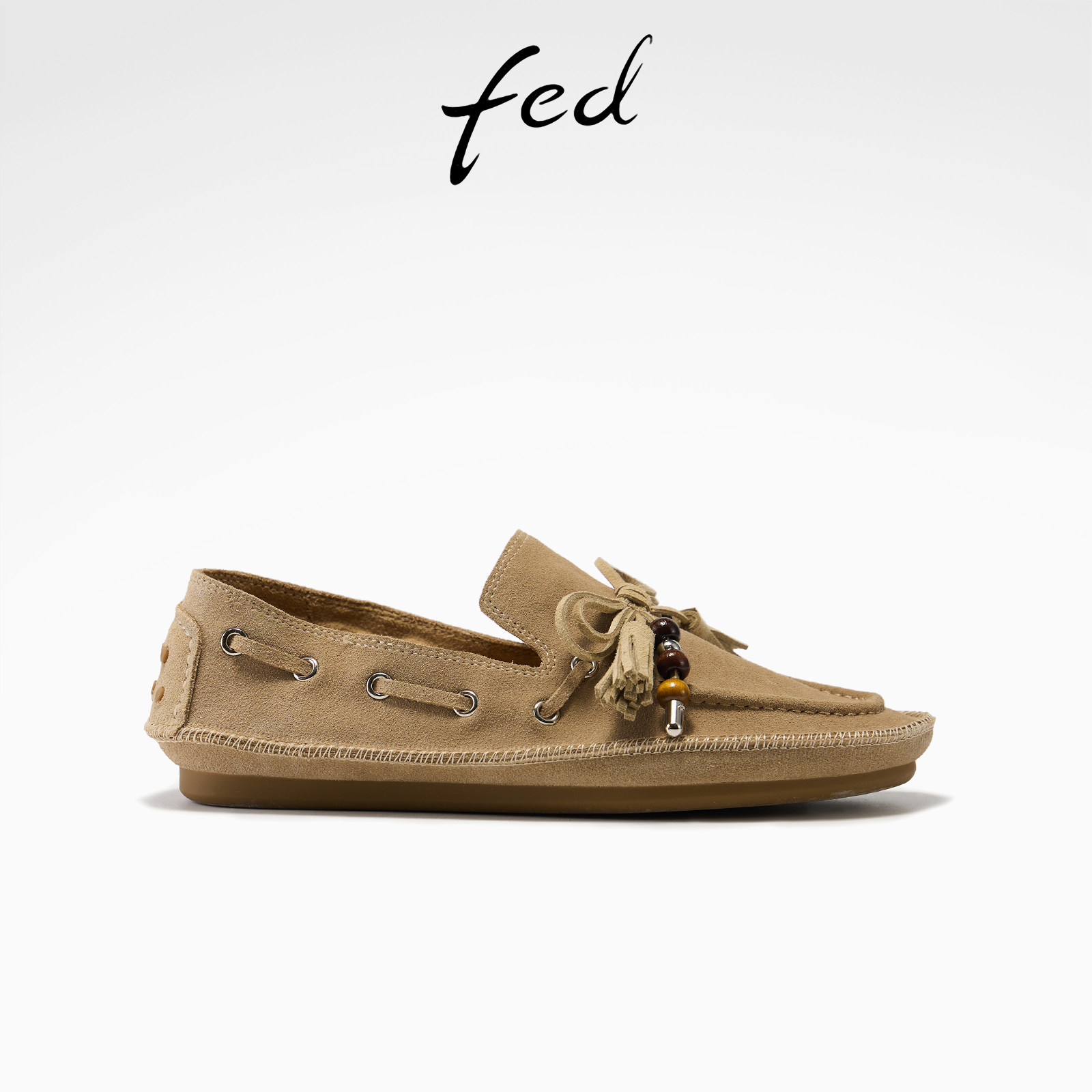 fed软底乐福鞋春季新款女鞋燕麦拿铁单鞋绒面串珠平底鞋女款YA007