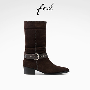 S1111 女靴尖头西部靴皮带扣西部靴女款 YA025 新款 fed气质短靴冬季