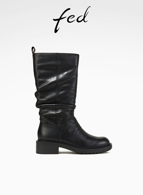 fed褶皱时装靴春季新款女靴黑色堆堆靴真皮中筒靴女款D1114-ZF267