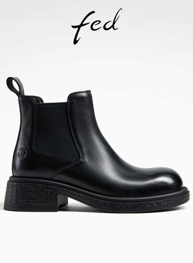 fed黑色切尔西靴秋季新款女靴粗跟烟筒靴真皮短靴女款D0830-ZC637