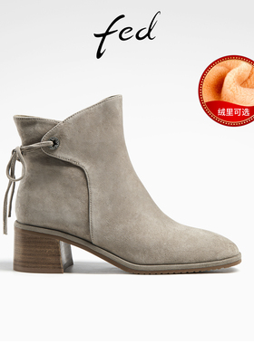 fed复古小短靴冬季新款靴子绒面时装靴粗跟瘦瘦靴女加绒-ZFA322