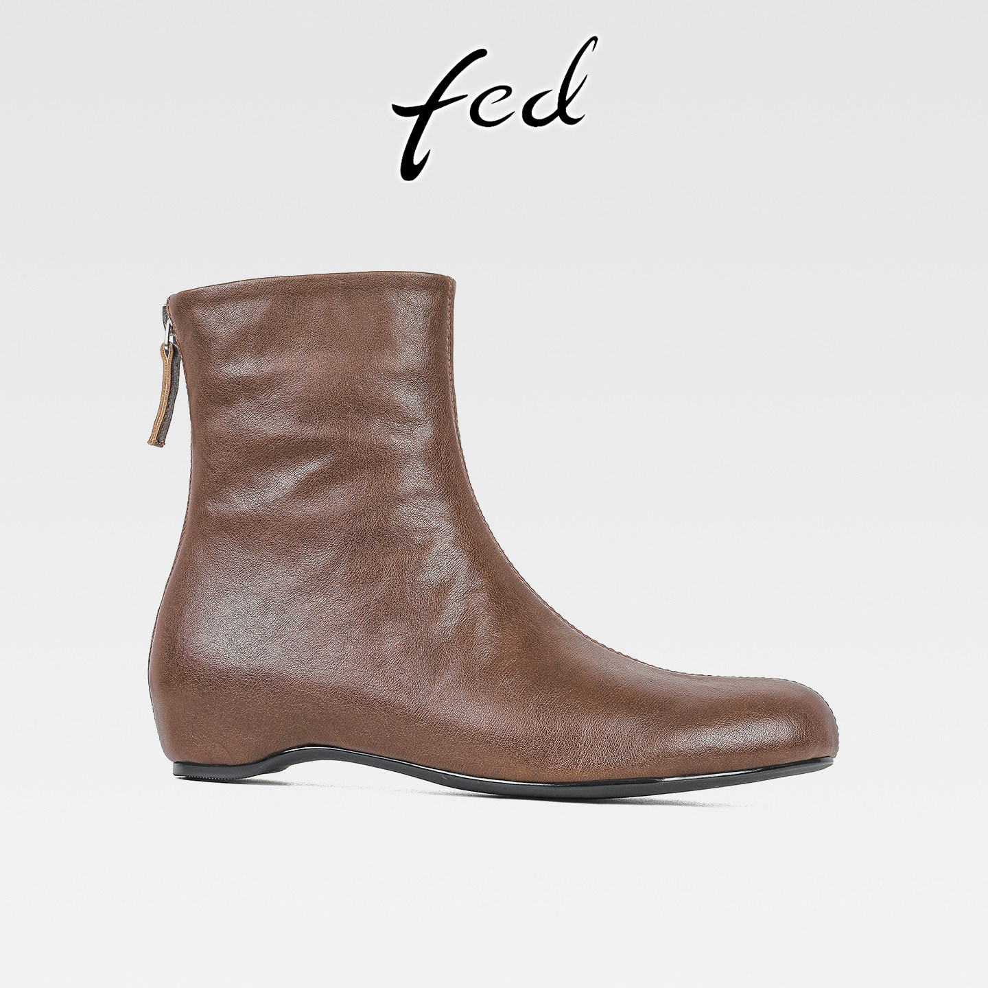 fed法式复古真皮平底马丁靴女秋冬新款后拉链内增高圆头瘦瘦短靴