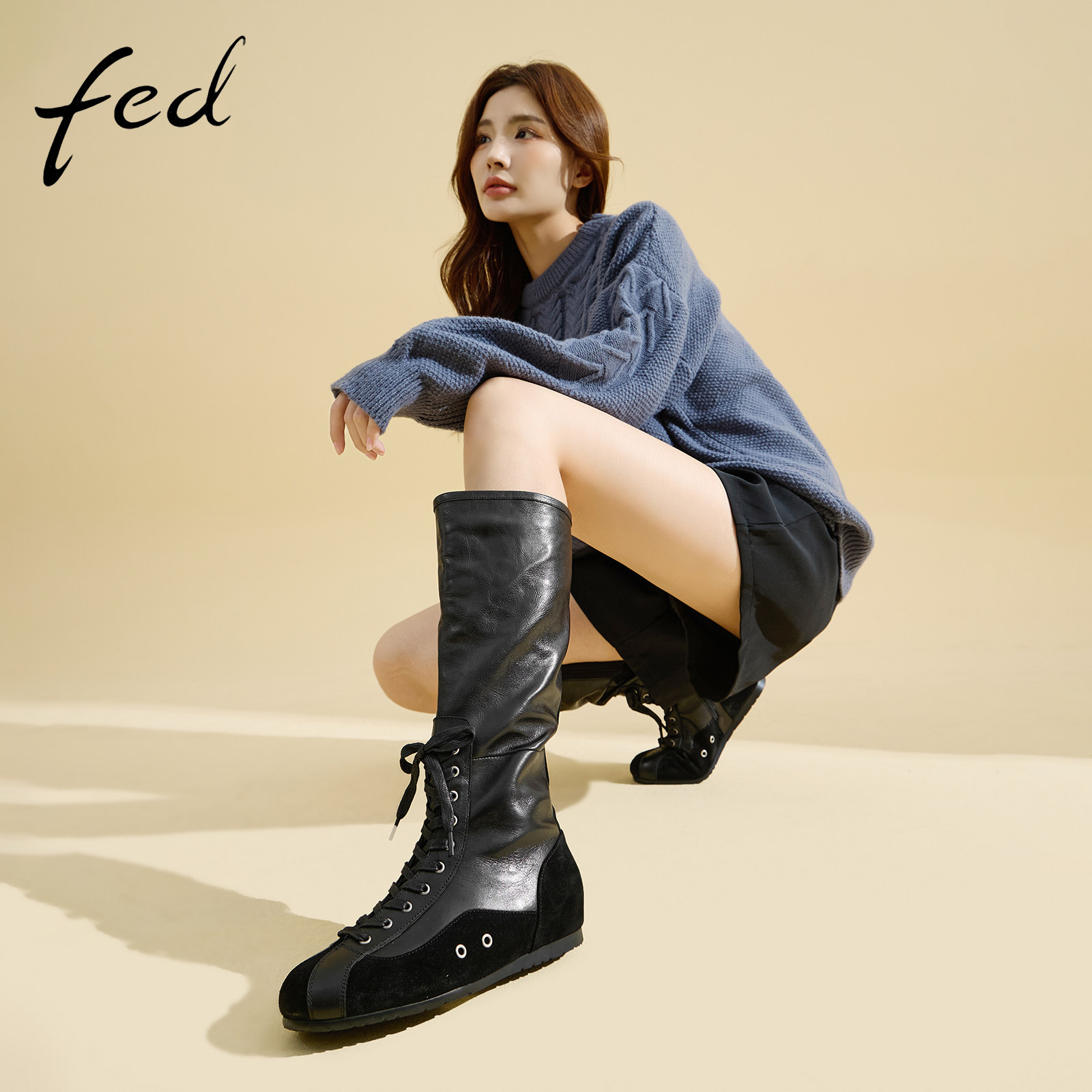 fed复古系带直筒高筒靴女款秋冬