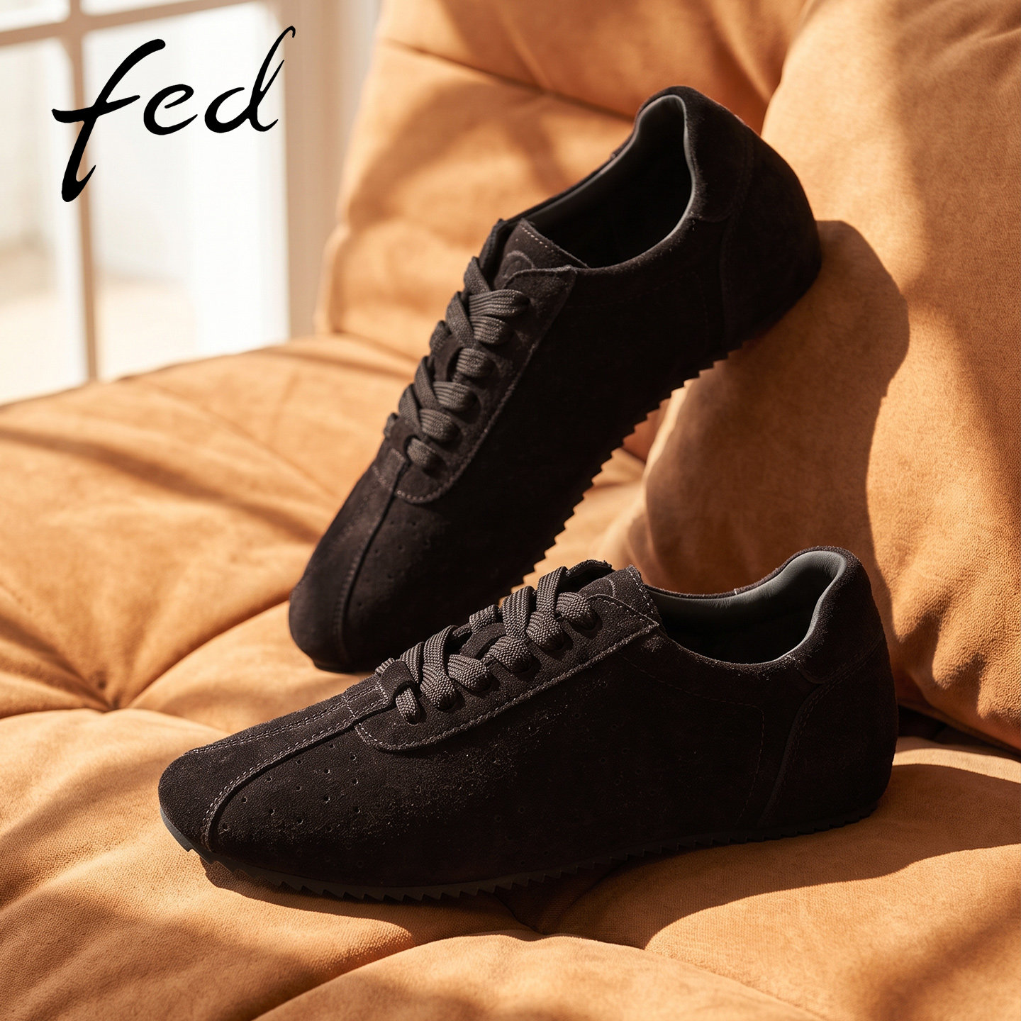 fed黑色反绒德训鞋女复古系带