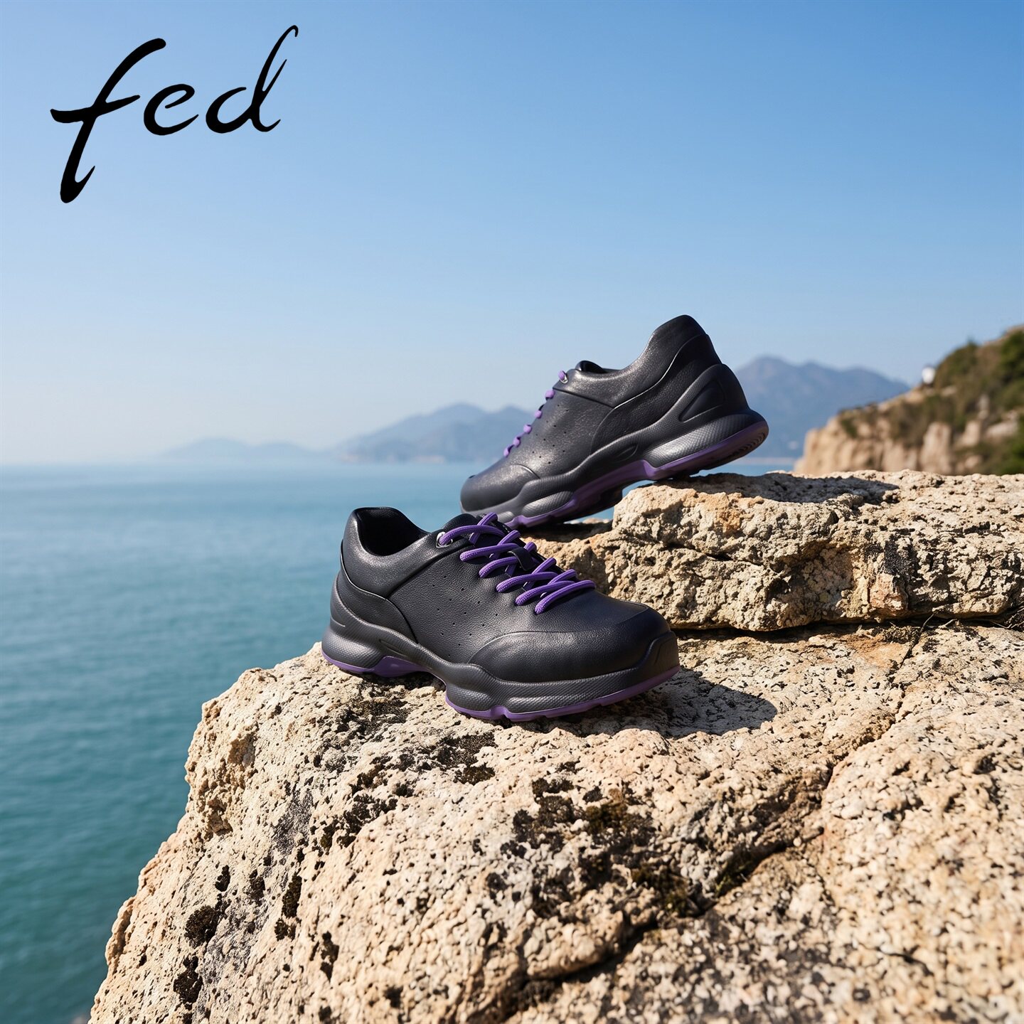 fed黑紫撞色全皮休闲运动鞋女