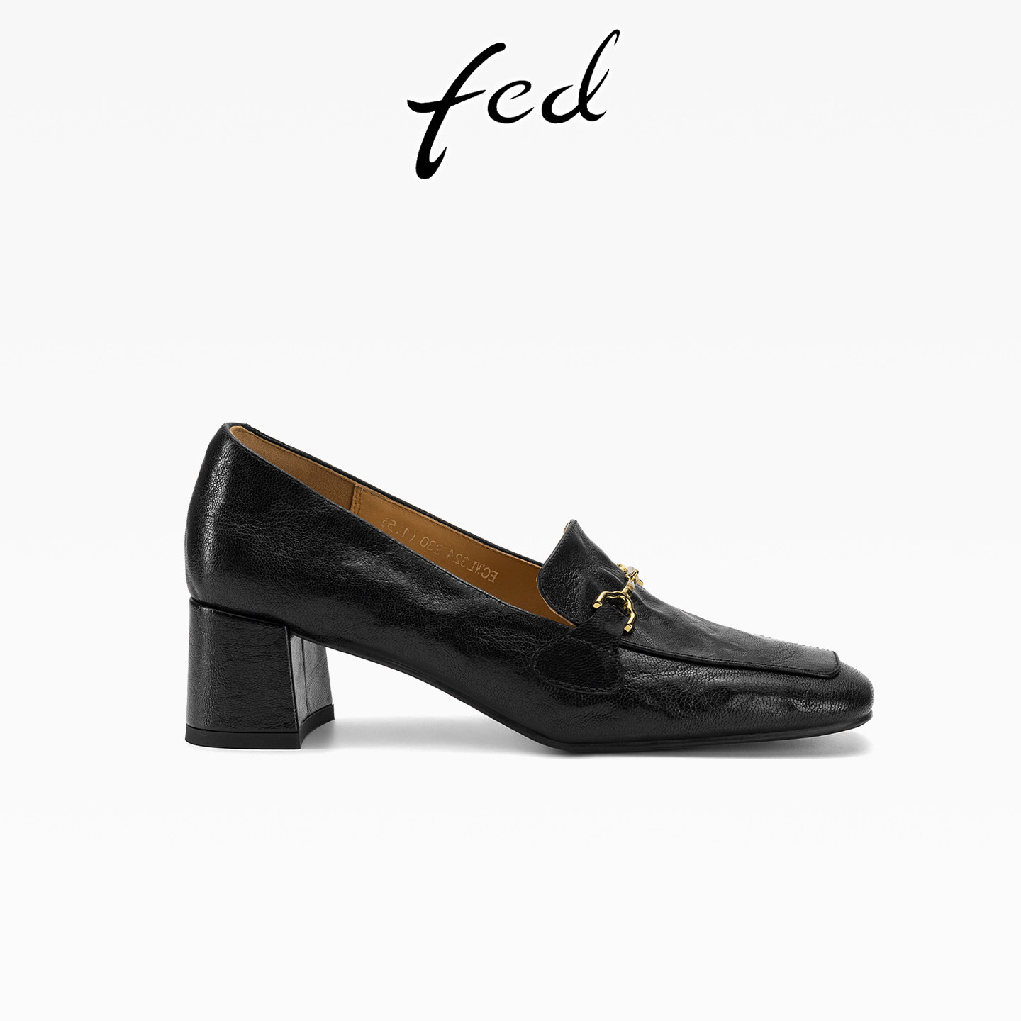 fed黑色方头粗跟一脚蹬乐福鞋春季新款法式复古羊皮金属扣单鞋女