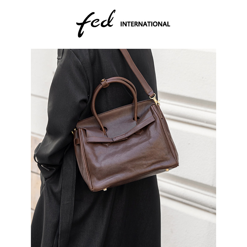 fed植鞣头层牛皮铂金包大容量托特包单肩手提包包女真皮BFA90