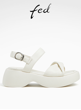 fed白色增高皮凉鞋夏季新款女鞋法式粗跟罗马凉鞋女D0507-YAB651