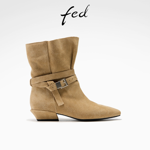 靴女冬季 S1128 新款 单靴绕带短靴女款 YA033 女靴法式 fed小方头时装