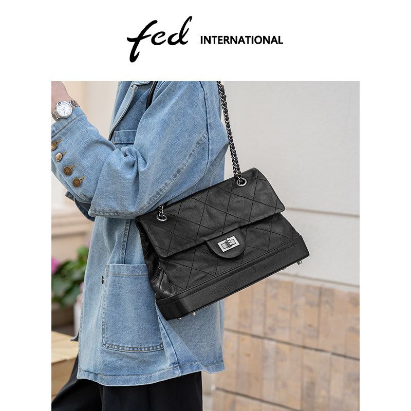 fed女包真皮菱格链条包黑色腋下包通勤单肩斜挎女包邮差包BFA9209