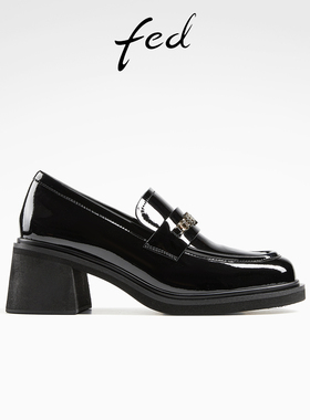 fed黑色乐福鞋女冬季新款女鞋粗跟小皮鞋深口单鞋女款D0923-YA325