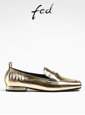 fed方头小皮鞋春季新款女鞋金色一脚蹬乐福鞋单鞋女款D0110-ZC533