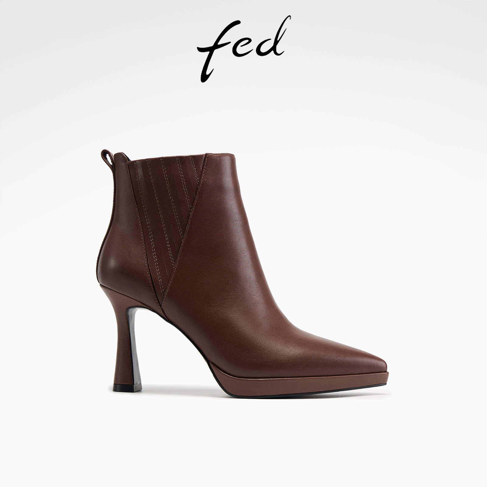 fed女士牛皮短靴细跟尖头靴子