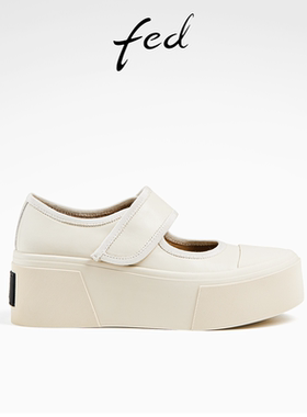 fed运动玛丽珍鞋秋季新款女鞋白色大头鞋真皮单鞋女D0718-YAB057