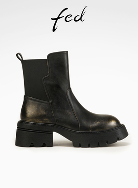 fed复古短靴冬季新款女靴时尚烟筒靴粗跟切尔西靴女款D1029-ZF175