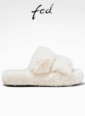 fed兔毛拖鞋冬季新款女鞋白色毛毛拖鞋毛绒一字拖女D1015-YAC680