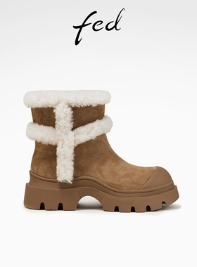 fed粗跟雪地靴春季新款女靴毛毛鞋加绒短靴保暖棉鞋女D1228-YA018
